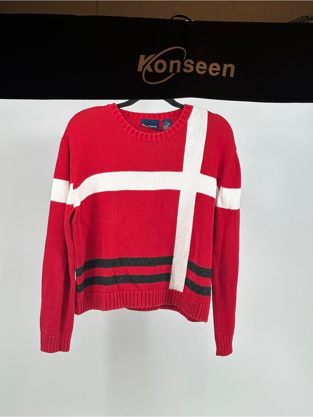 Liz Claiborne Red Crewneck Sweater with White Cross & Black Stripes